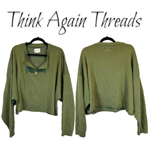 American Eagle Outfitters Tops - American Eagle Fleece Cropped Henley Neck Sweatshirt Green Size XL